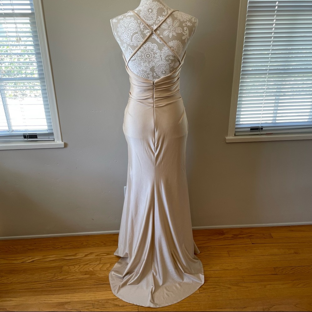La Femme Cross Back Satin Jersey Trumpet Strappy Back Maxi Dress 4 Nude Beige - Picture 7 of 12